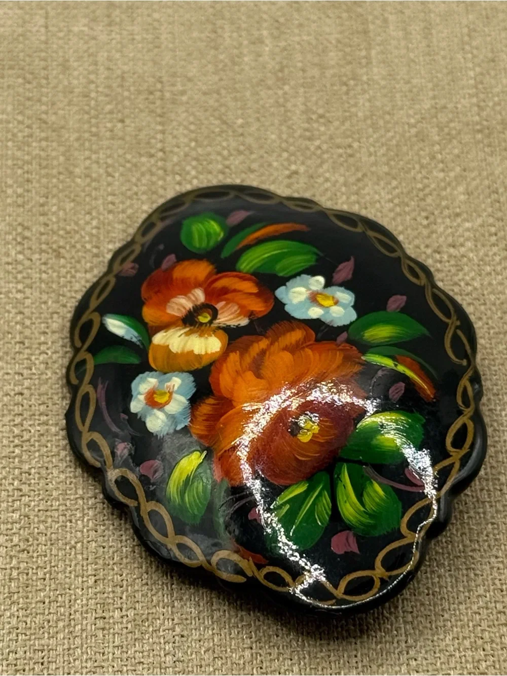 Vintage Russian Lacquer Brooch Hand Painted Floral Fedoskino Style Signed